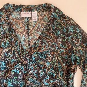 Jaclyn Smith Sheer Wrap Top V-Neck Sequins Side Zip Paisley Blouse Women’s Large